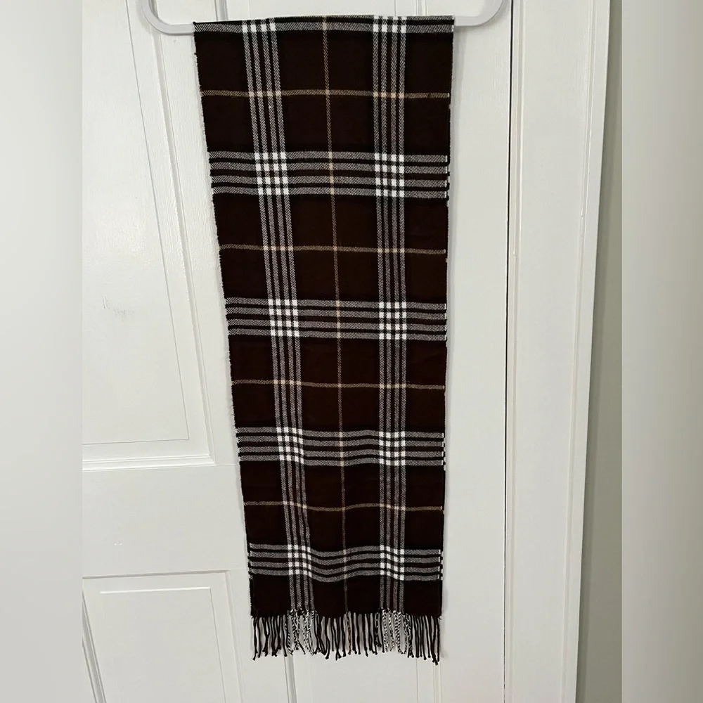 Cashmere 100% Made In Scotland Brown White Plaid Fringe Scarf Unisex One Size